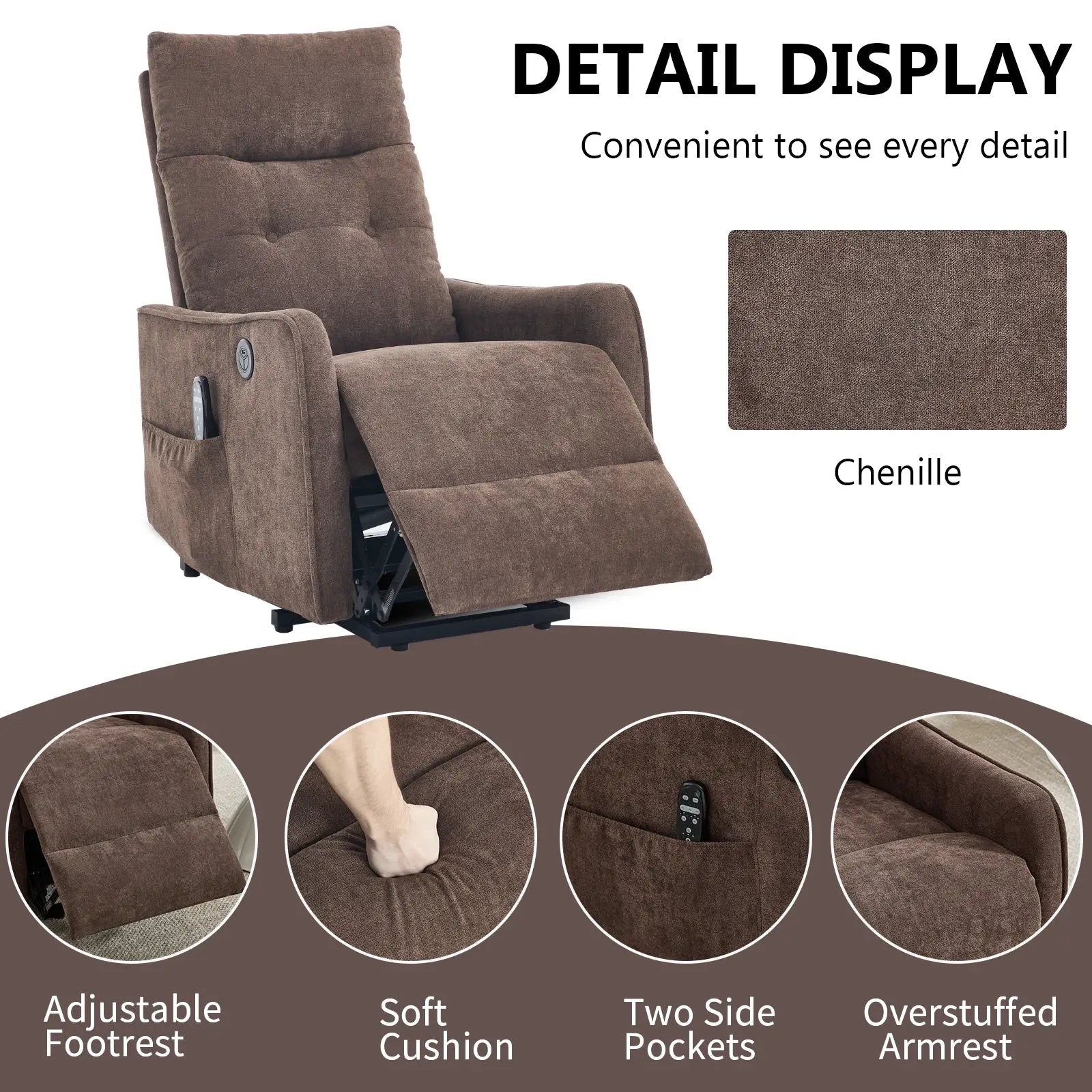 Brown Chenille Single Motor Power Lift Recliner Chair by HouseOfZazla