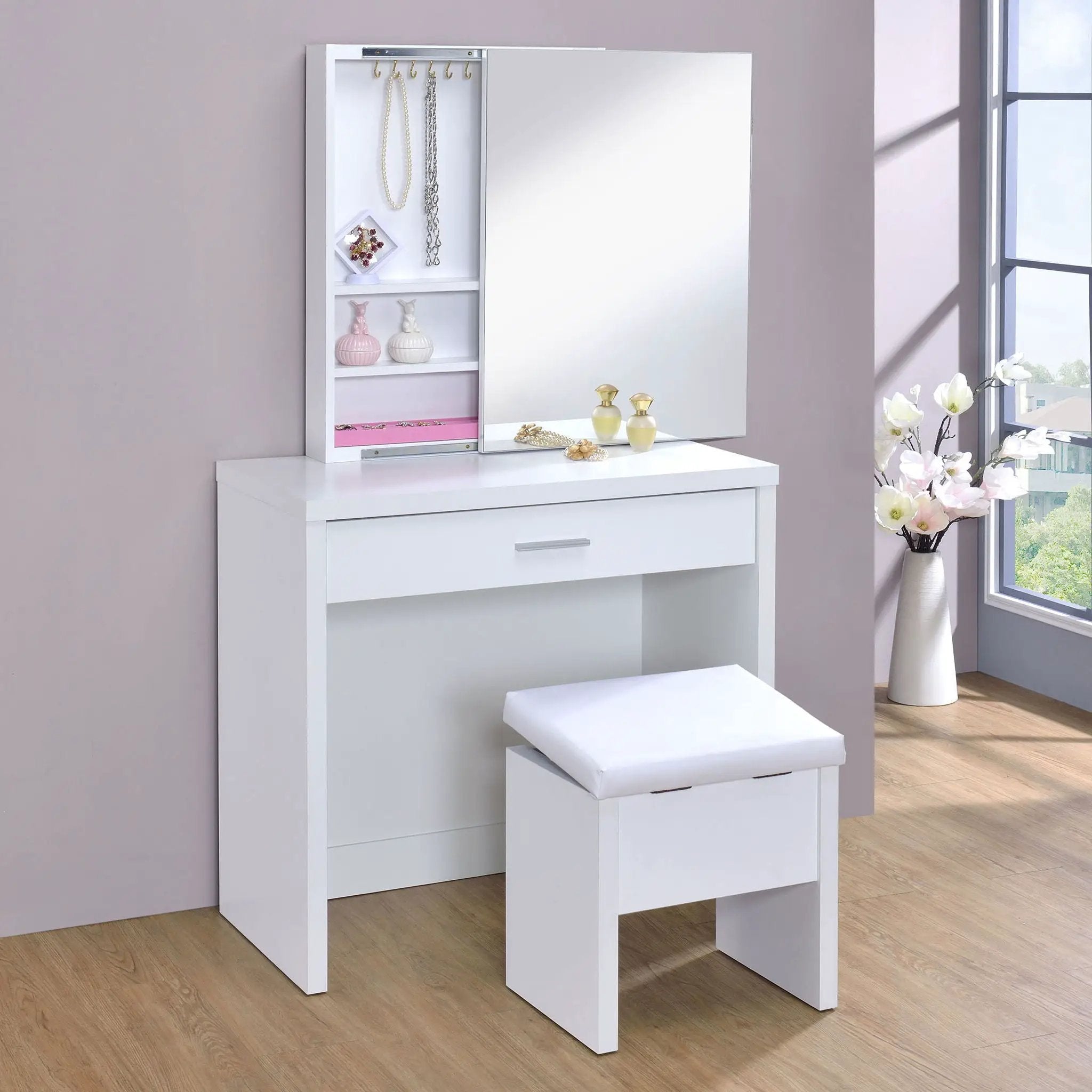 Harvey Vanity Set with Lift-Top Stool White by Unique Piece Furniture