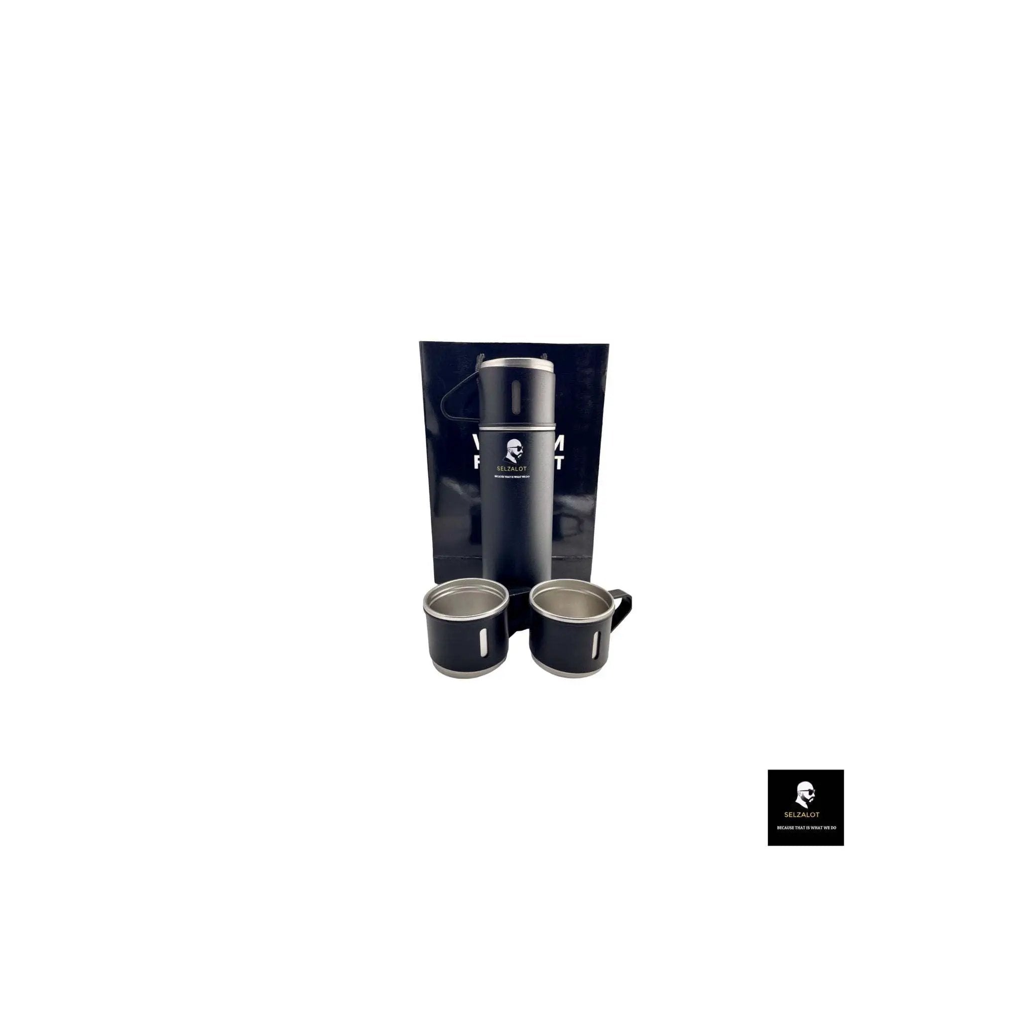 SELZALOT Stainless Steel Vacuum Flask Set, 500ML Gift Set, Black, Thickened Food Grade 304 Stainless Steel, Durable Insulation, Ergonomic Design, with 3 Cups by Selzalot