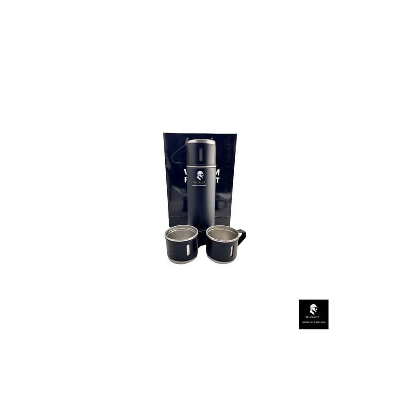 SELZALOT Stainless Steel Vacuum Flask Set, 500ML Gift Set, Black, Thickened Food Grade 304 Stainless Steel, Durable Insulation, Ergonomic Design, with 3 Cups by Selzalot