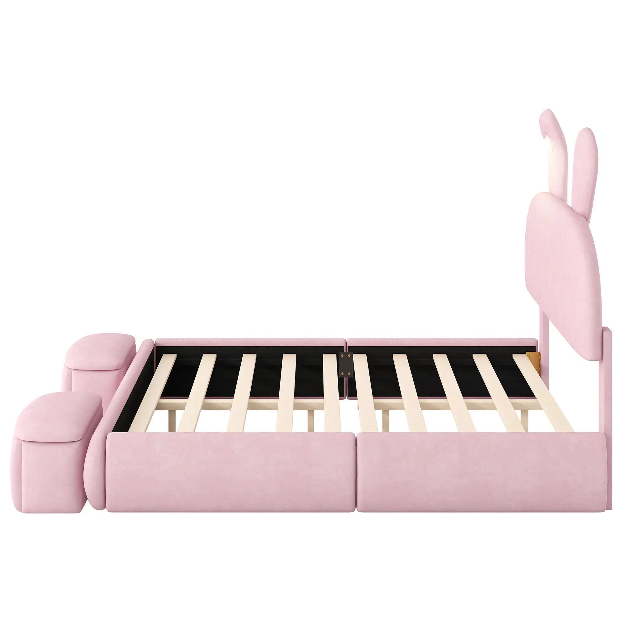 Full Upholstered Platform Bed With Cartoon Ears Headboard And LED Light - Pink by HouseOfZazla
