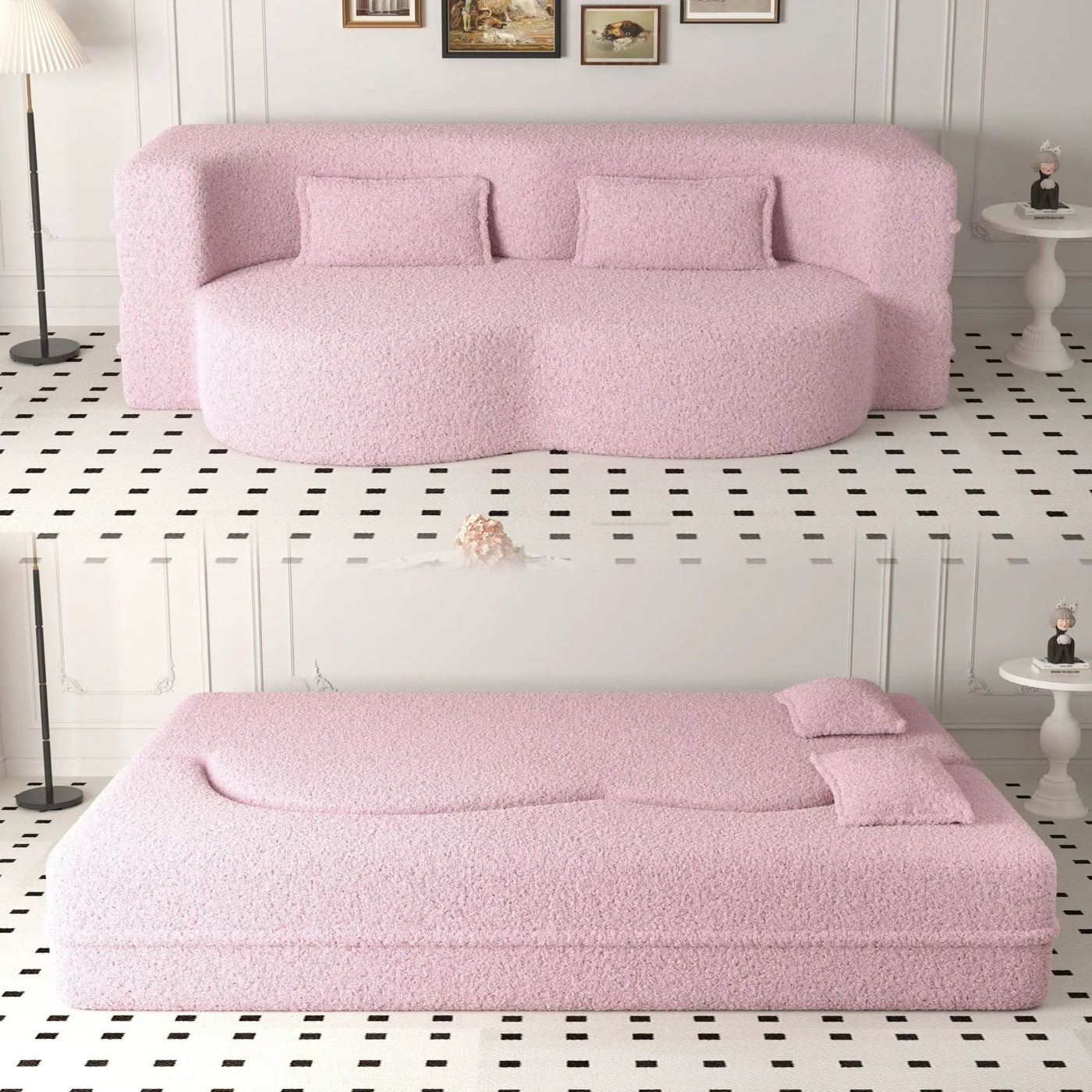 Modern Floor Sofa With Two Pillows Convertible Teddy Fabric Foam Filled Bed by HouseOfZazla
