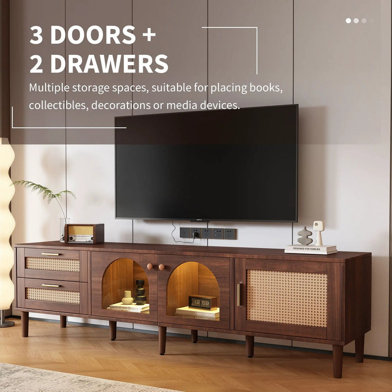 TV Stand With 3 Cabinets & 2 Drawers, LED Light Media Console For TVs Up To 80" - Dark Brown by HouseOfZazla