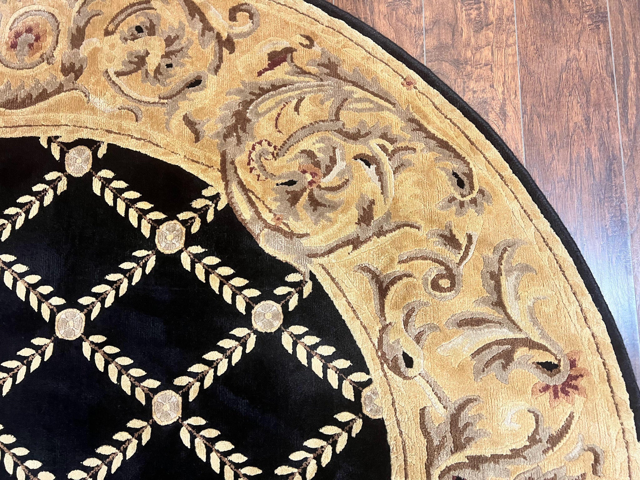 Oval Tibetan Rug 8x10, French Aubusson Design, Wool Handmade Vintage Carpet, Black & Beige, Soft Wool Pile by Jewel Rugs