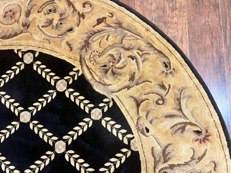 Oval Tibetan Rug 8x10, French Aubusson Design, Wool Handmade Vintage Carpet, Black & Beige, Soft Wool Pile by Jewel Rugs