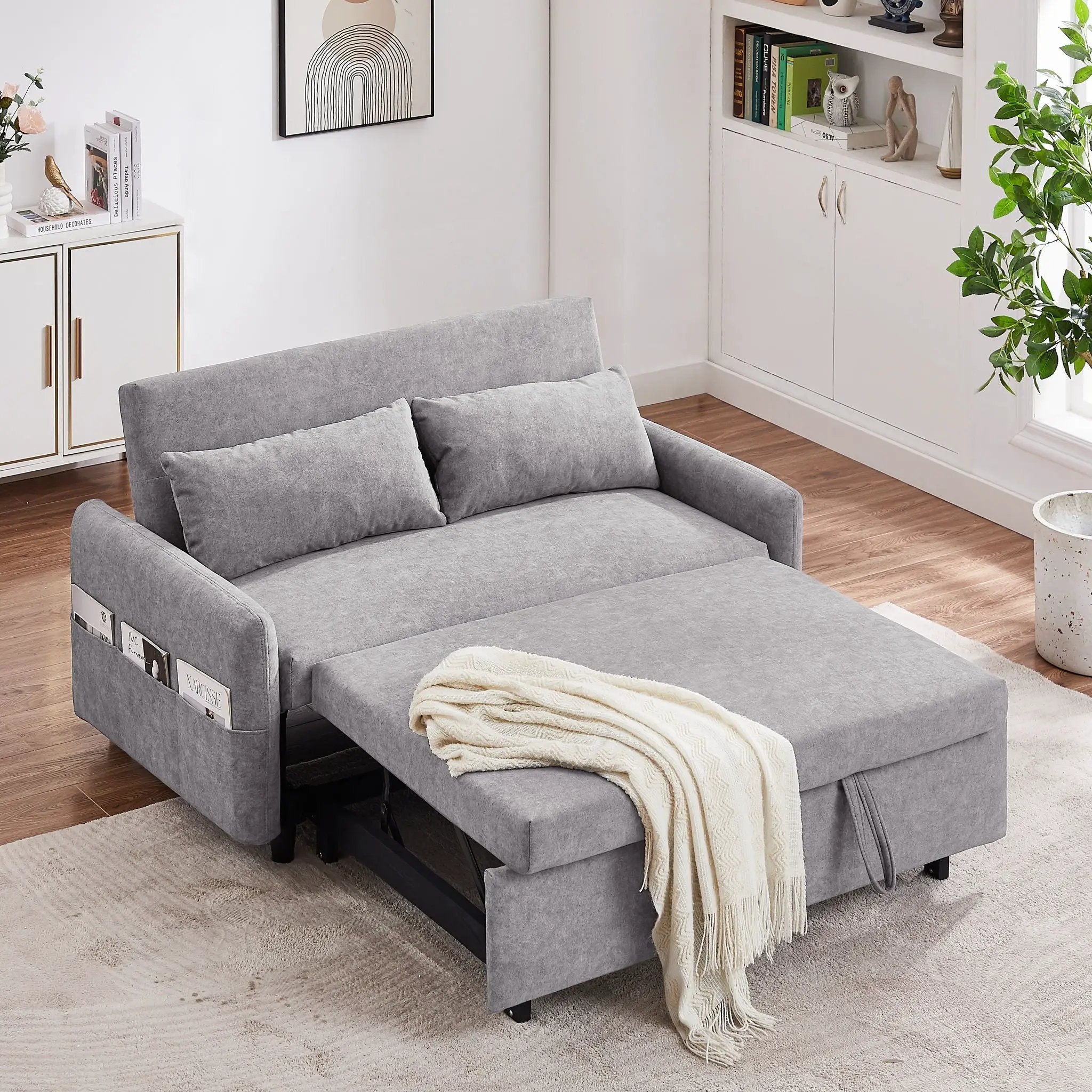 Pull Out Sleep Sofa Bed Loveseats Sofa Couch With Adjsutable Backrest, Storage Pockets, 2 Soft Pillows, USB Ports For Living Room, Bedroom, Apartment, Office by HouseOfZazla