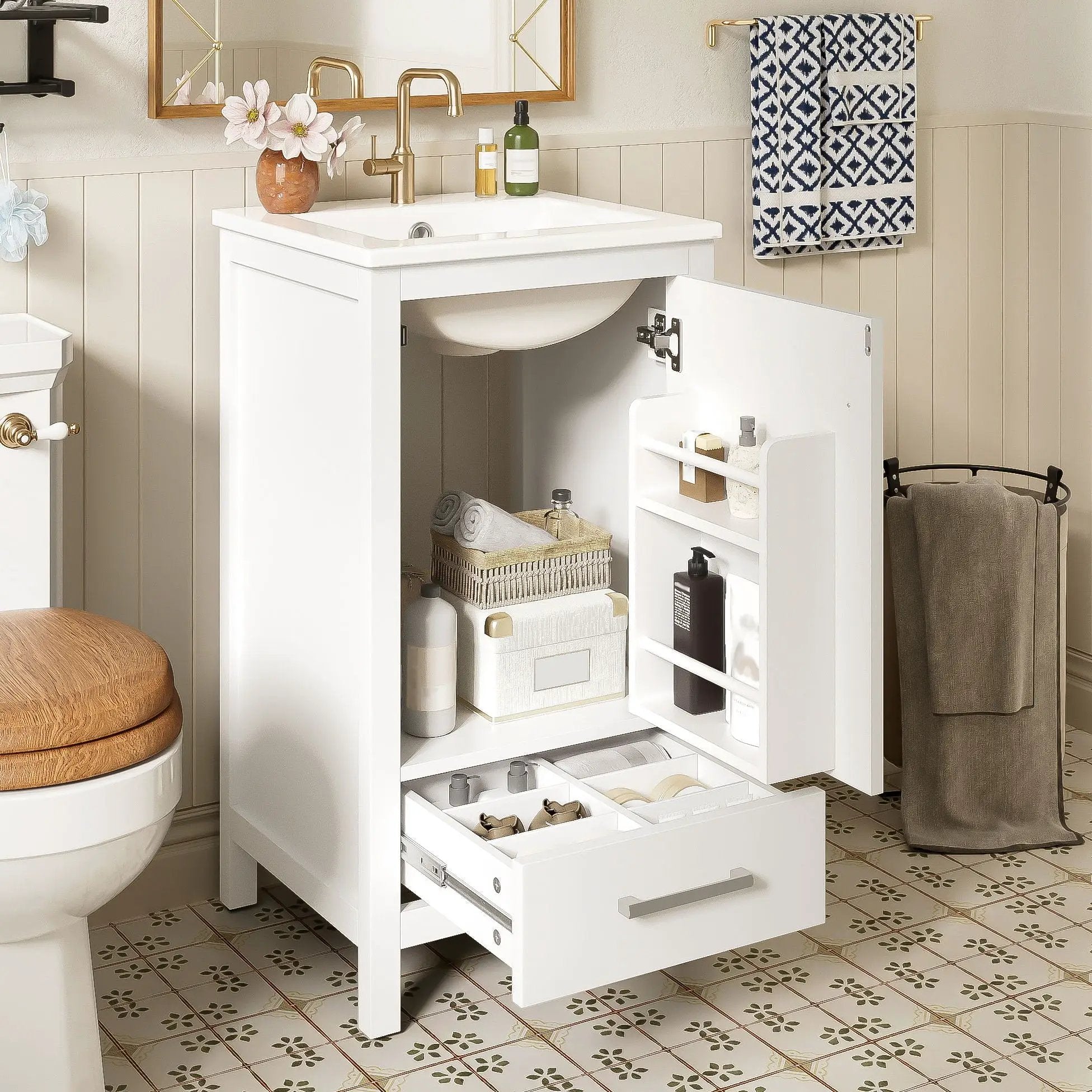 Bathroom Vanity With Ceramic Sink, Soft Close Drawers, Door Organizer, Divider Drawer, Adjustable Foot Pads by HouseOfZazla