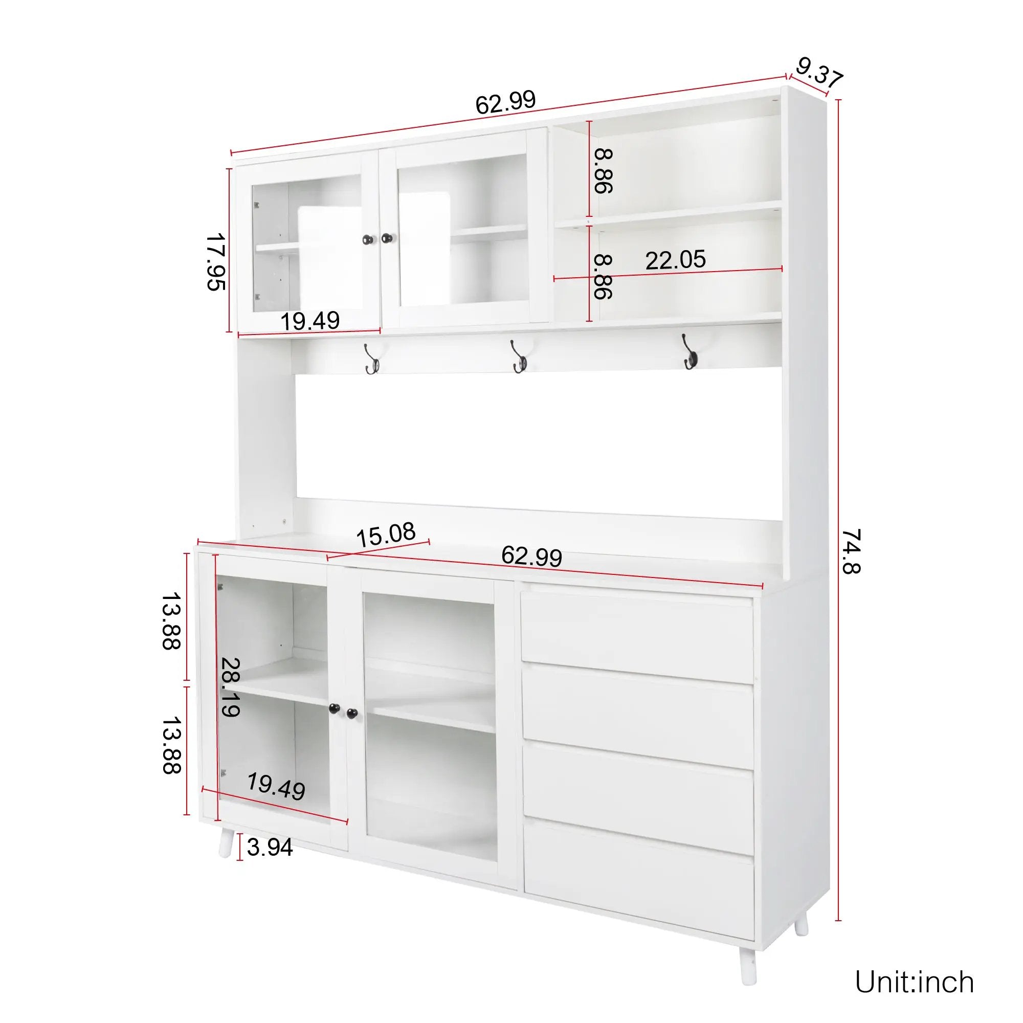 63" W Large Kitchen Hutch Cabinet, Freestanding Pantry Storage by HouseOfZazla