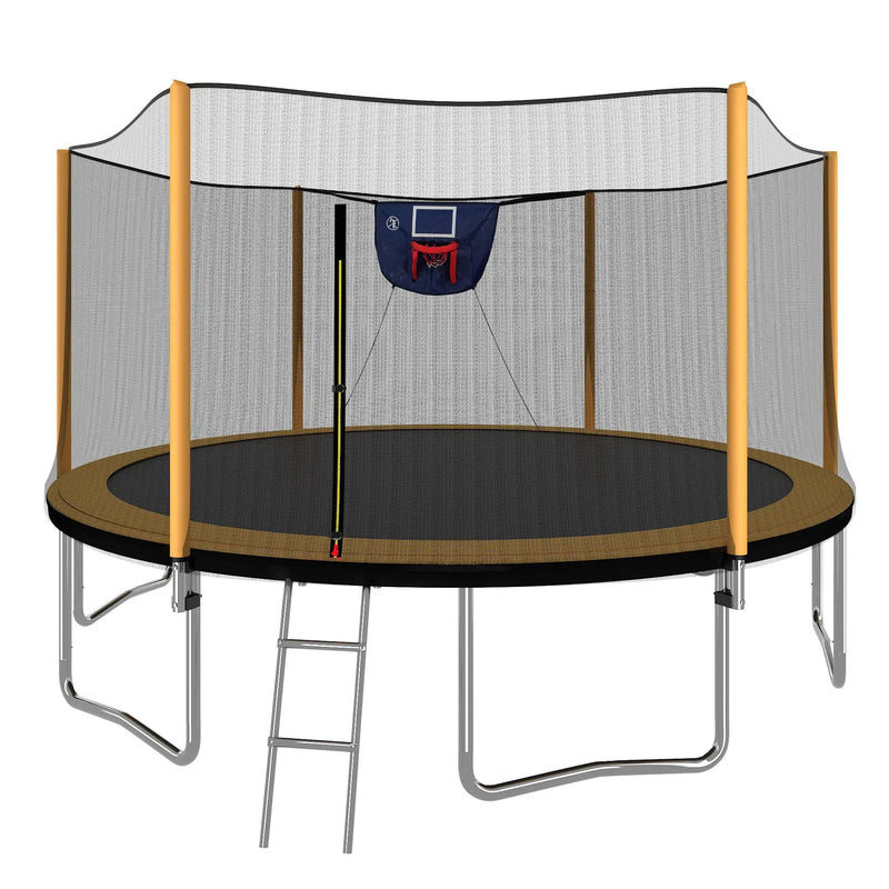 14Ft Powder Coated Advanced Trampoline With Basketball Hoop Inflator And Ladder (Outer Safety Enclosure) - Orange by HouseOfZazla