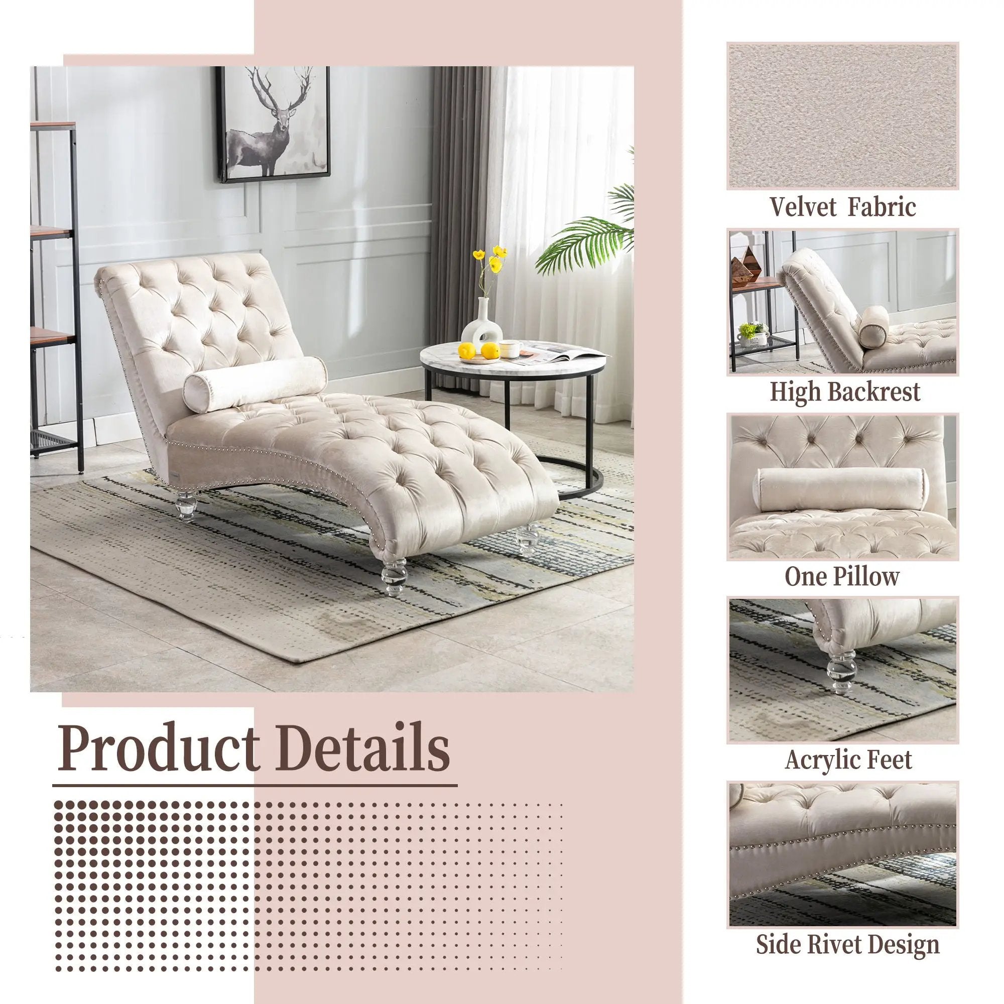 Chaise Lounge Indoor, Button Tufted Upholstered Chaise Lounge Chair With Pillow by Unique Piece Furniture