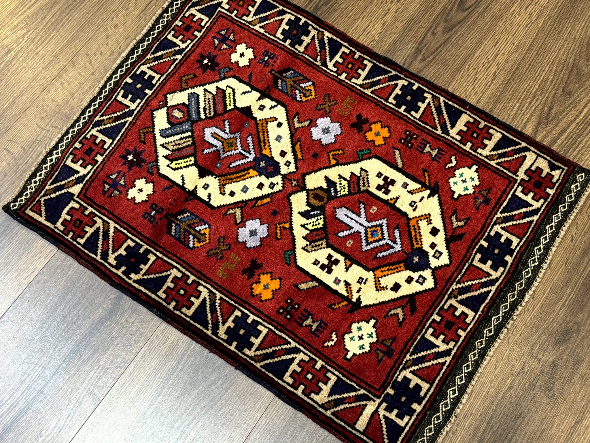 Small Persian Tribal Rug, Red and Ivory, Baluch Rug by Jewel Rugs