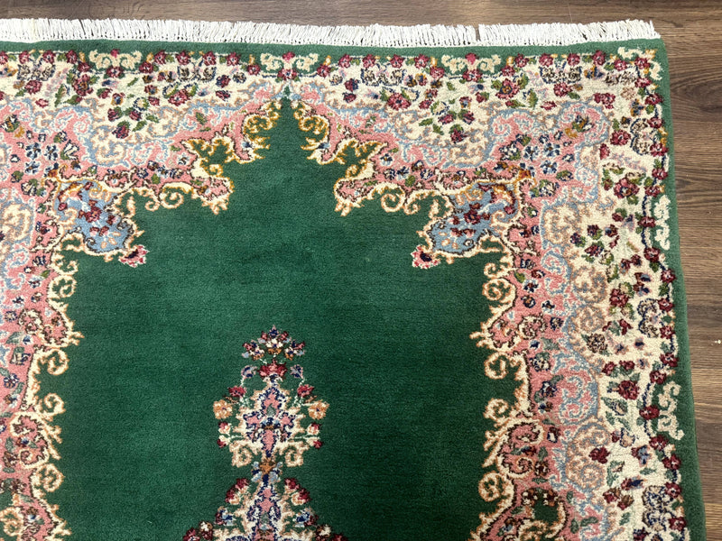 Green Persian Kerman Rug 4x6, Semi Open Field, Green & Cream, Vintage by Jewel Rugs