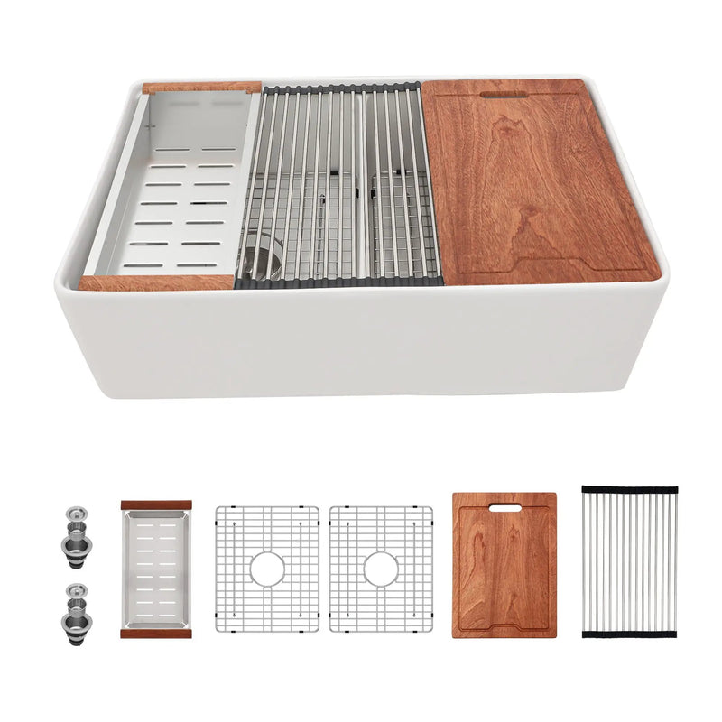 Double Bowl Sink Workstation 33" With Built In Work Surface And Accessories - White by HouseOfZazla