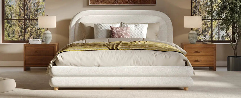 Queen Size Bed Frame With Boucle Upholstered Thick Curved Headboard, Solid Wood Legs by HouseOfZazla