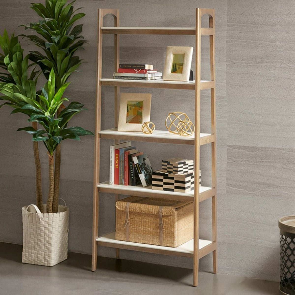 Off White & Natural Ladder Bookcase with 5 Shelves - Solid Wood Frame, photo 6 of 9
