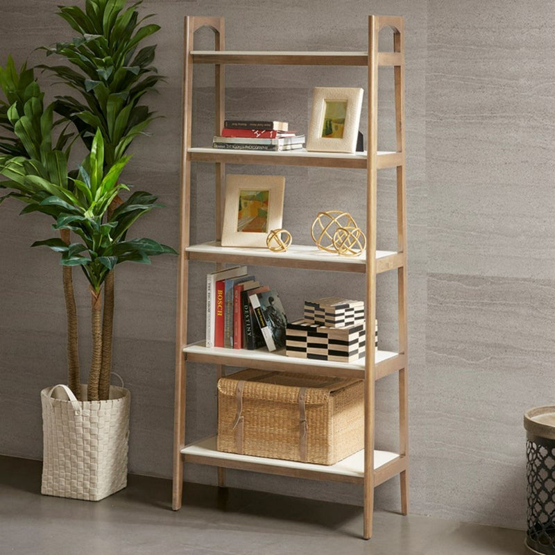 Off White & Natural Ladder Bookcase with 5 Shelves - Solid Wood Frame, photo 6 of 9