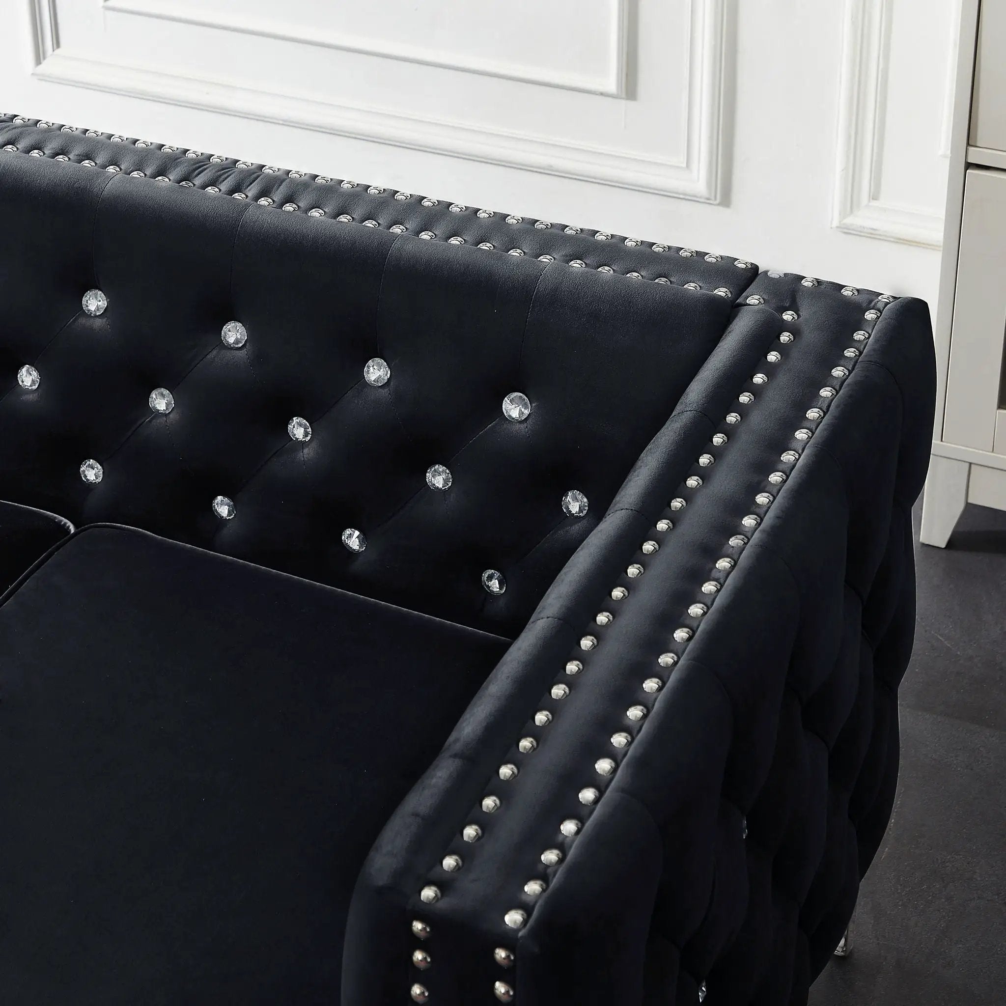 Wide Sofa With Jeweled Buttons Square Arm, 2 Pillows by HouseOfZazla