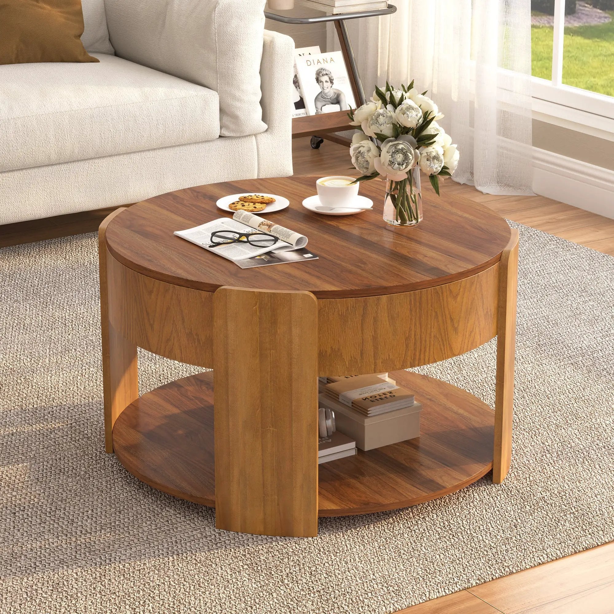 Vibe Haus Farmhouse Round Lift Top Coffee Table with Hidden Storage by HouseOfZazla