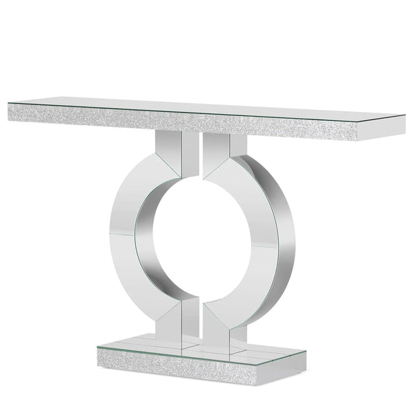 Mirrored Console Table With O-Shaped Base For Living Hallway - Silver / Clear
