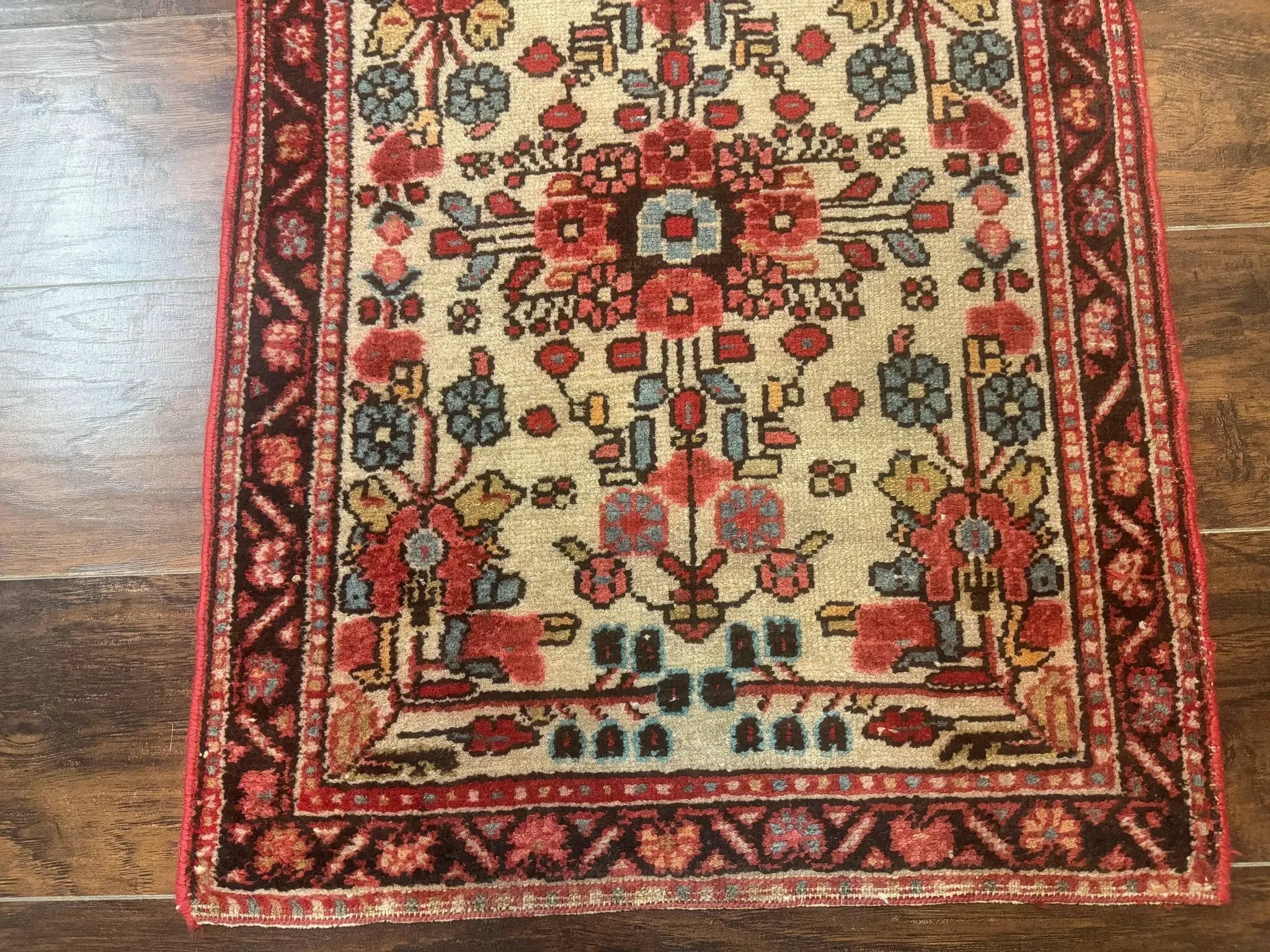 Small Antique Persian Rug 2x3, Beige and Red, Floral, Wool, Hamadan Rug by Jewel Rugs