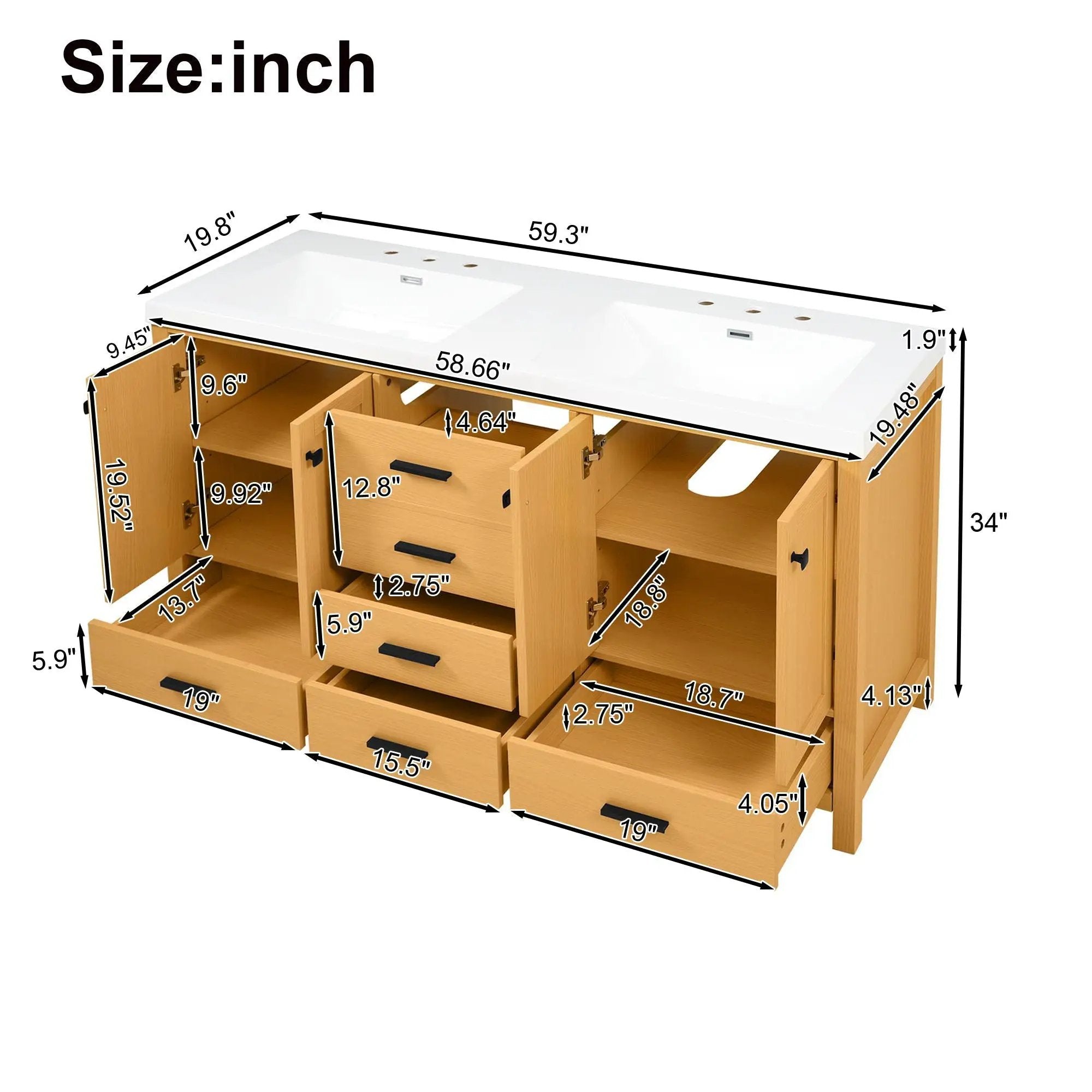 Bathroom Vanity With Double Sink, Soft Close Doors & Drawers Handles - Wood by Unique Piece Furniture