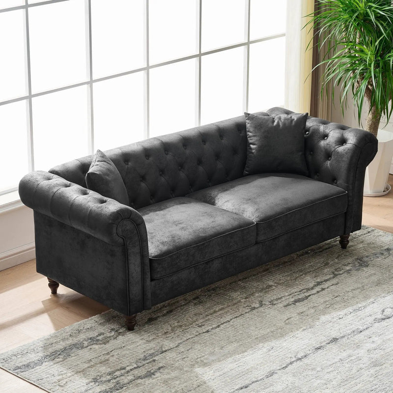 Chesterfield Sofa, High Tech Fabric Roll Armrest, 3 Seater Couch - Black by Unique Piece Furniture