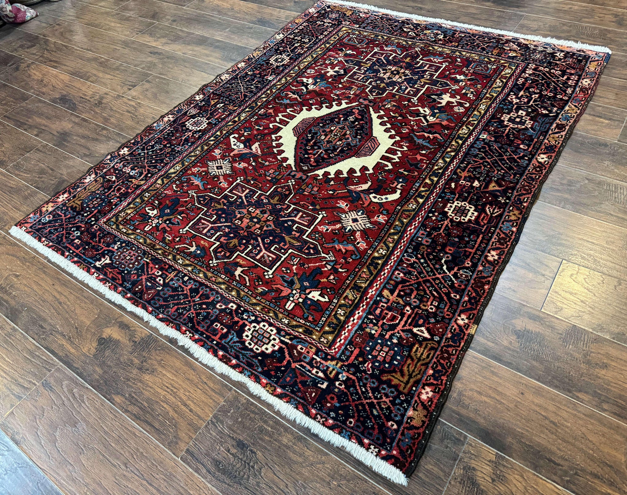 Persian Karajeh Rug 5x6, Antique Heriz Carpet, Geometric, Persian Tribal Rug, Brick Red Navy Blue by Jewel Rugs
