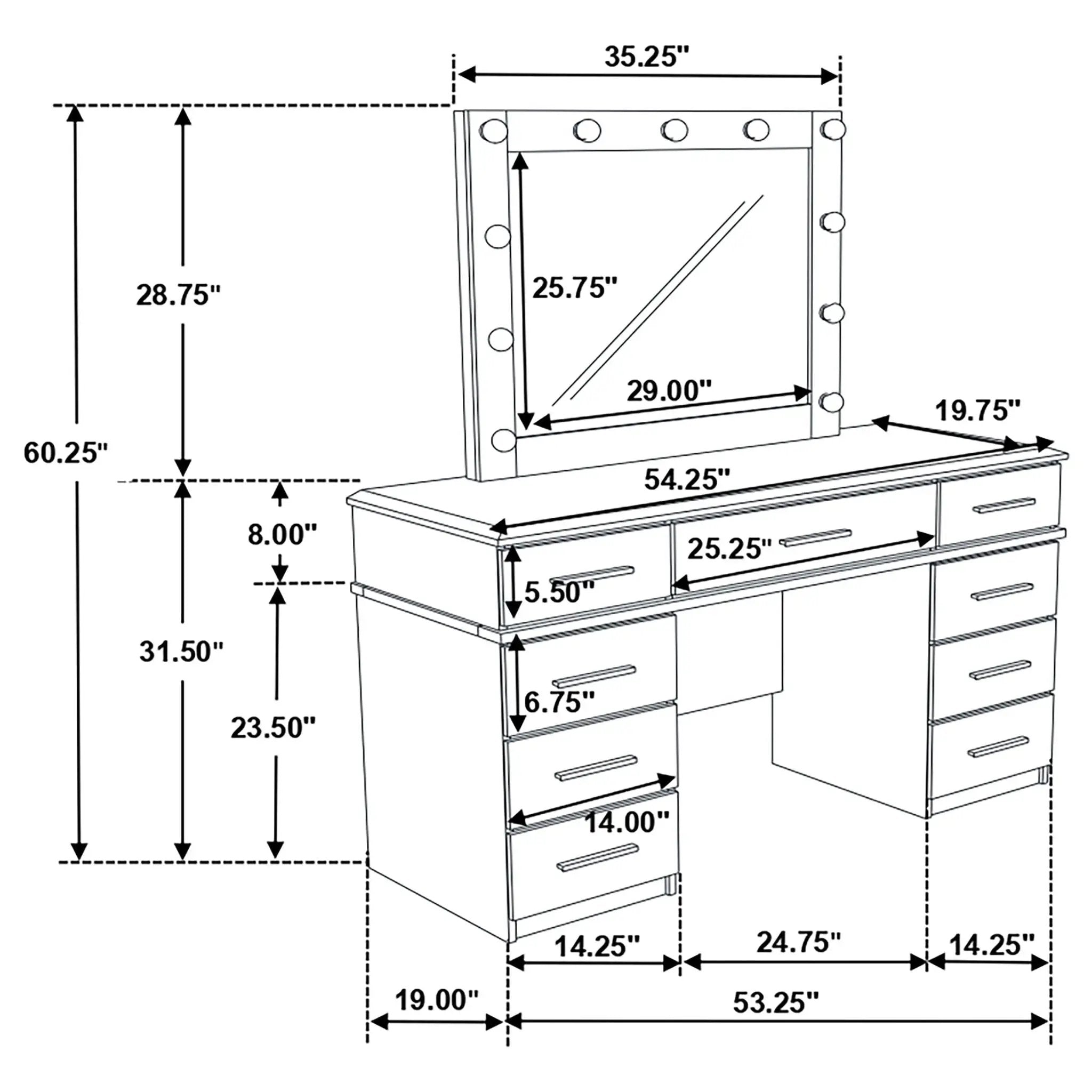 Felicity 9-drawer Vanity Table Lighted Mirror Glossy White by Unique Piece Furniture