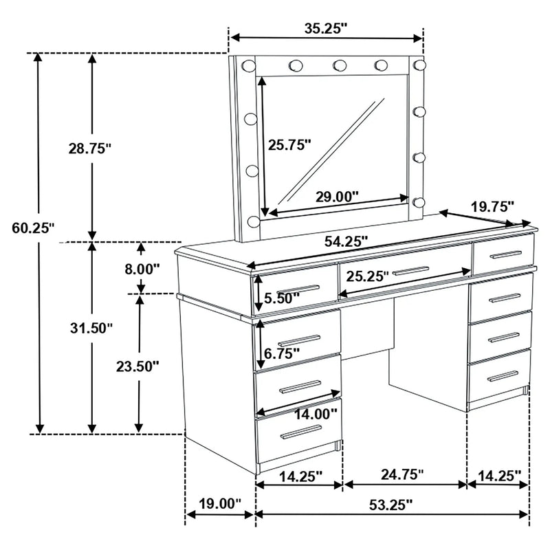 Felicity 9-drawer Vanity Table Lighted Mirror Glossy White by Unique Piece Furniture