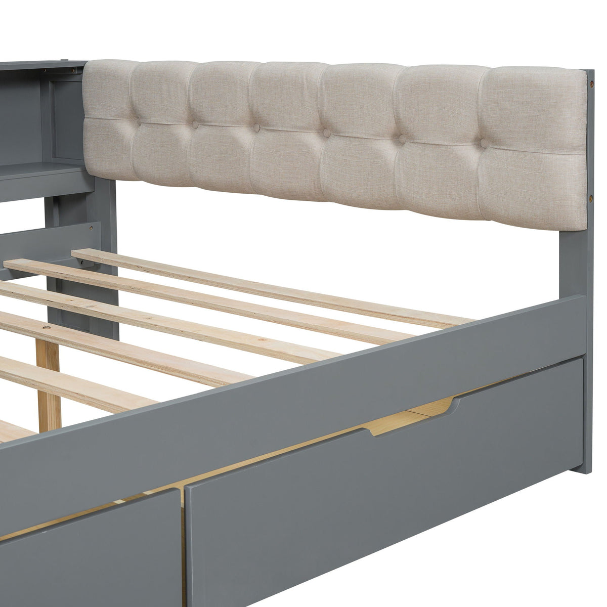 Upholstered Headboard Storage Bed with Shelves, Drawers, and Charging Station - Dark Gray or Beige, photo 23 of 40