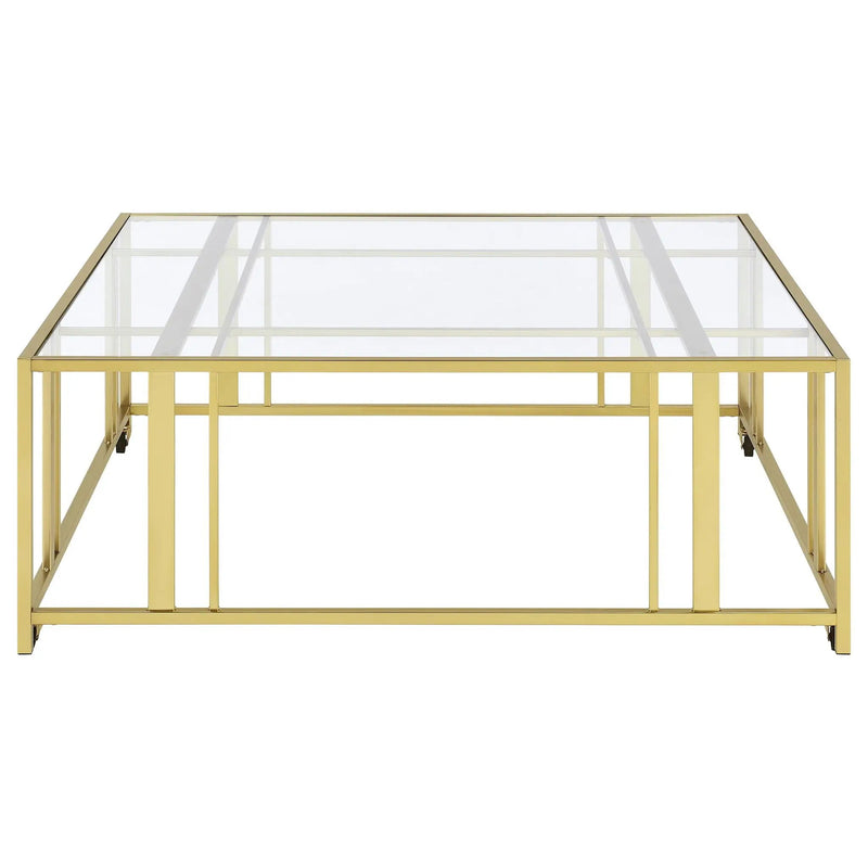 Adri Square Glass Top Coffee Table with Casters Matte Brass by Unique Piece Furniture