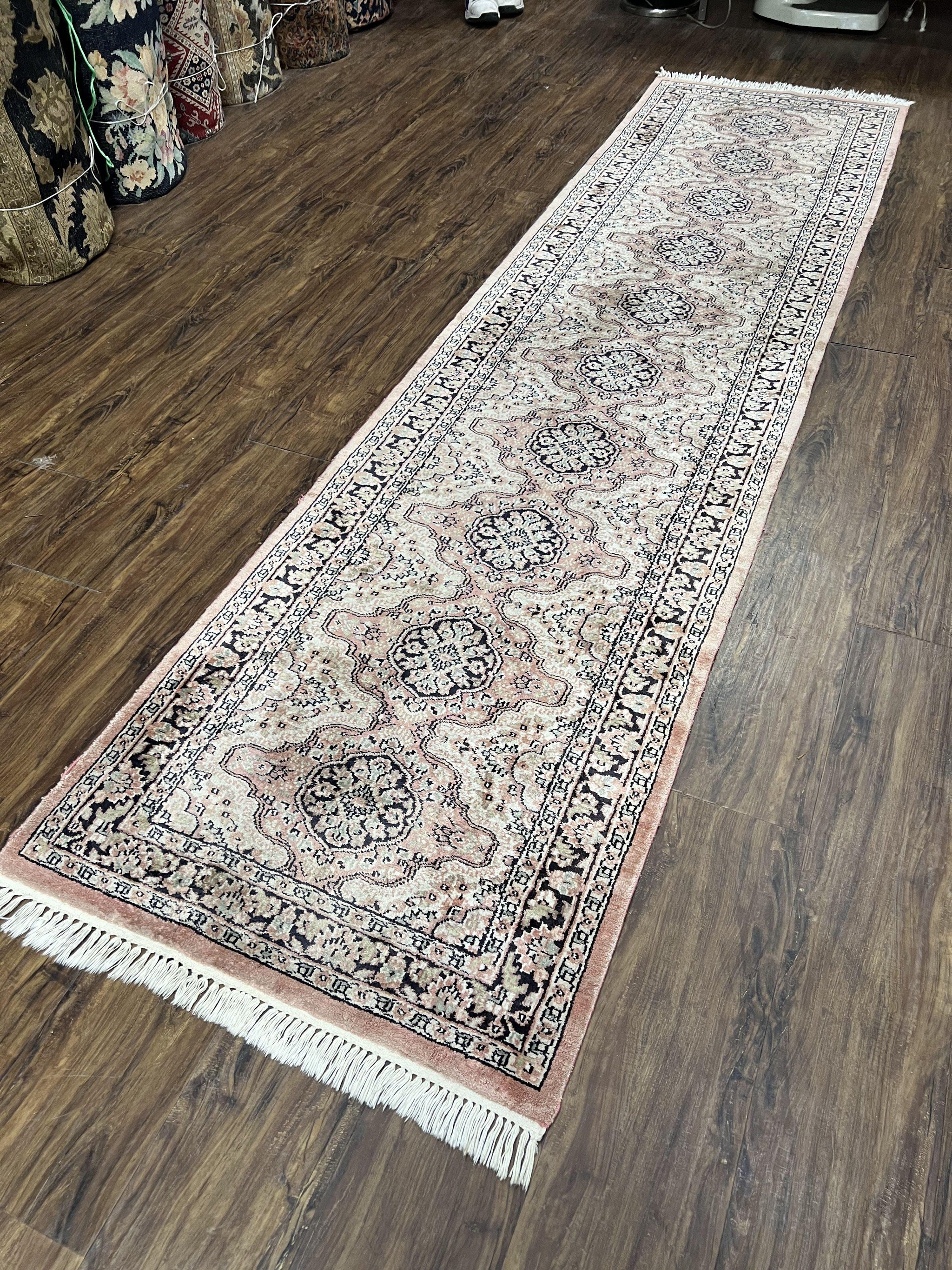 Silk Kashmiri Runner 2.7 x 10 ft Vintage Rug, Ivory Pastel Pink, Hand-Knotted Vintage Runner, Hallway Carpet, Indian Rug Medallion Runner by Jewel Rugs