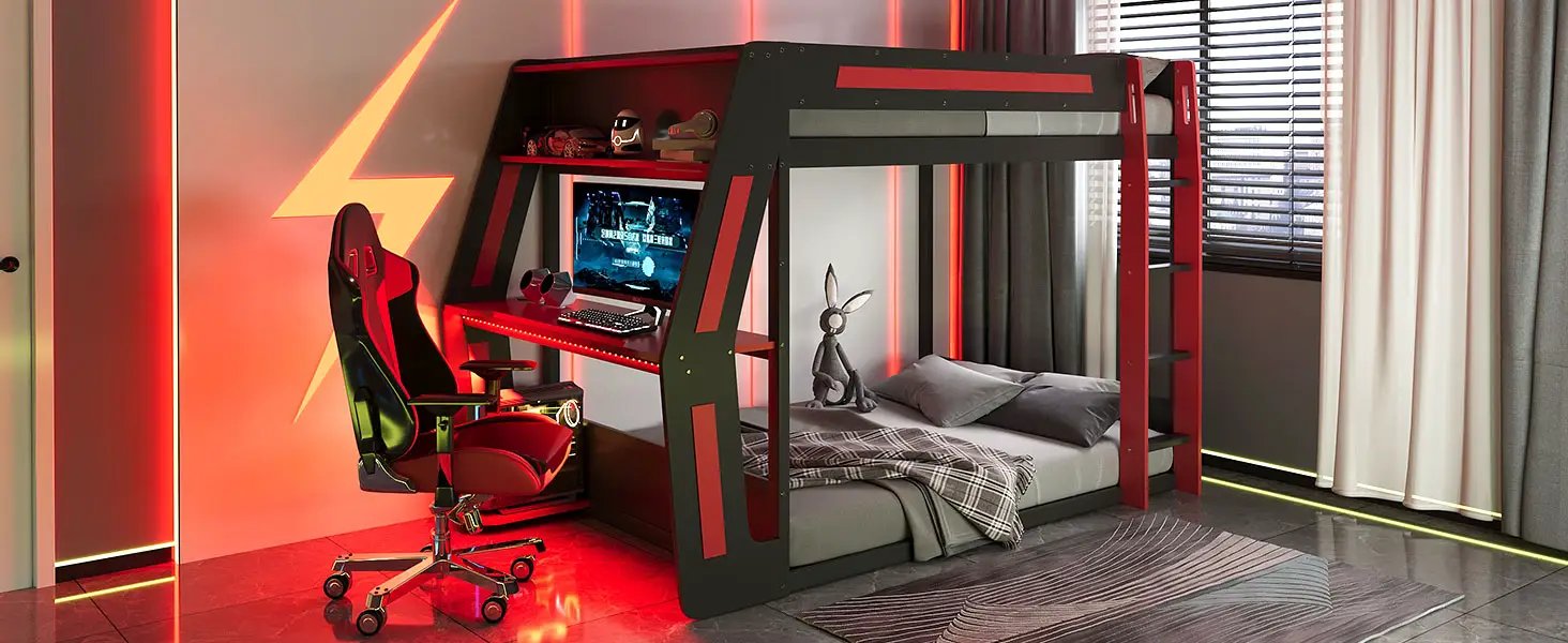 Full-Size Gaming Bunk Bed with Side-Mounted Oversized RGB Desk by HouseOfZazla