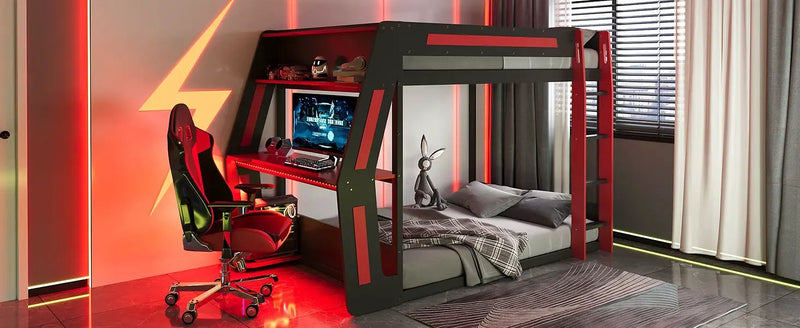 Full-Size Gaming Bunk Bed with Side-Mounted Oversized RGB Desk by HouseOfZazla