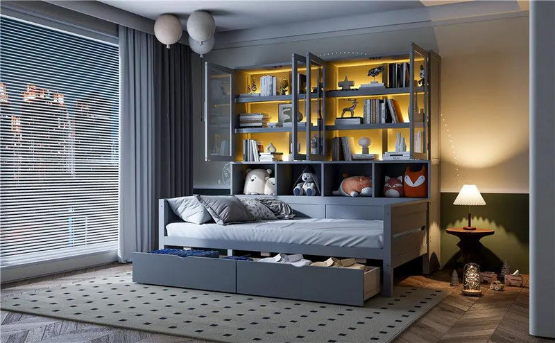 Daybed With Glass Door Storage Cabinets, Built In LED Lighting And Shelves by HouseOfZazla