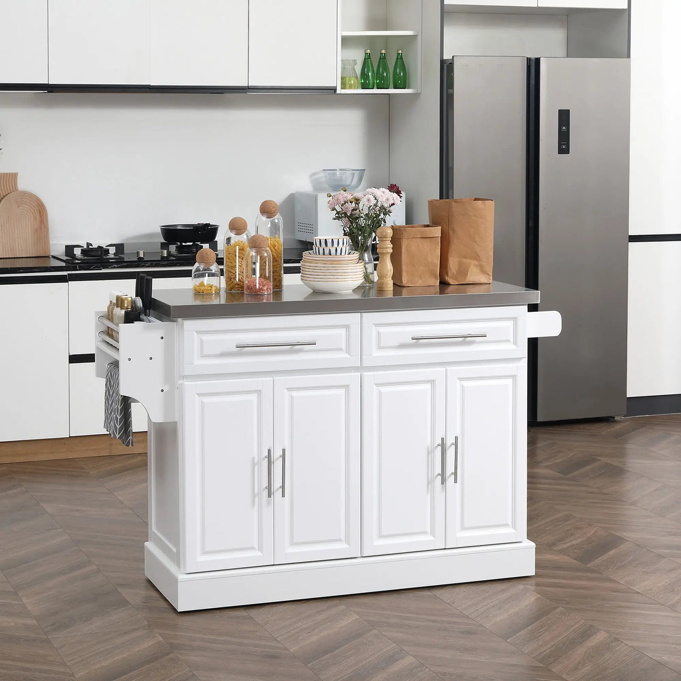 Homcom - Rolling Kitchen Island With Storage, Portable Kitchen Cart With Stainless Steel Top, 2 Drawers, Spice, Knife And Towel Rack And Cabinets by HouseOfZazla