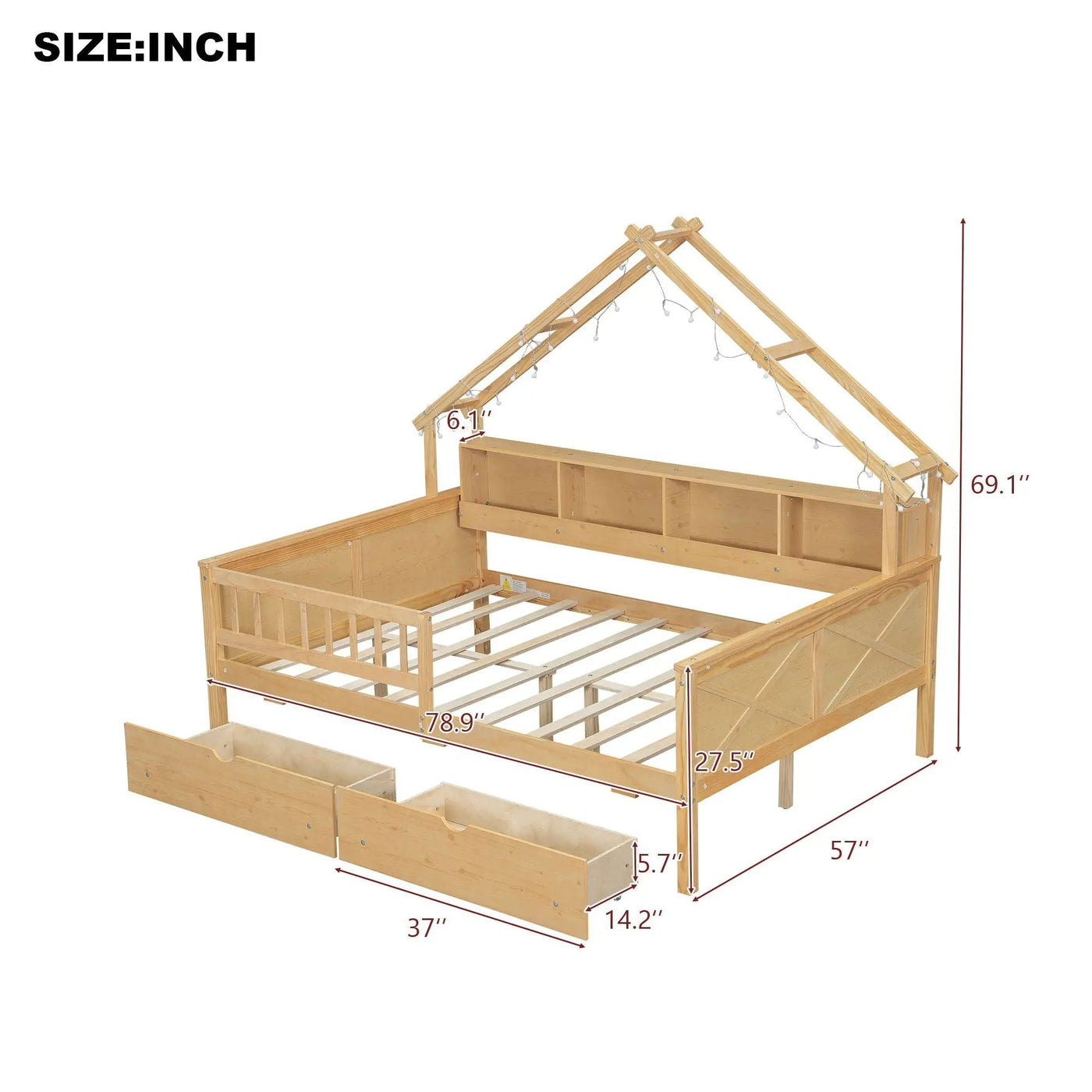 House Style Platform Bed With LED Lights, Storage Shelves, Drawers, And Guardrail by HouseOfZazla