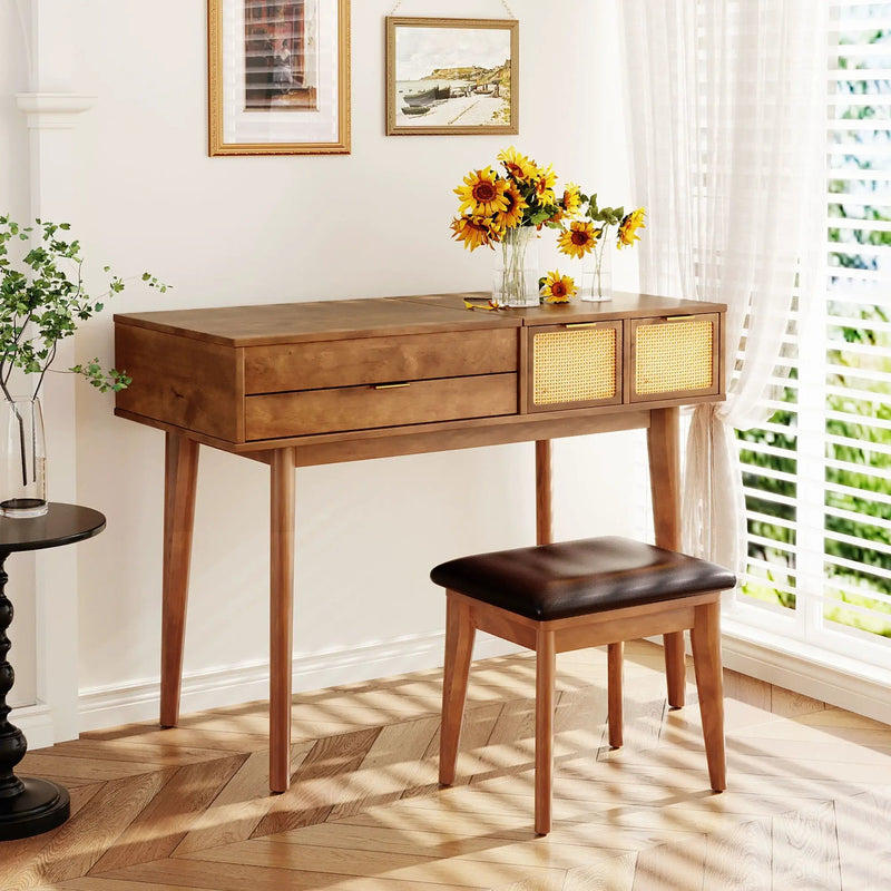 Classic Wood Makeup Vanity Set With Flip-Top Mirror And Stool, Dressing Table With Three Drawers And Storage Space by HouseOfZazla