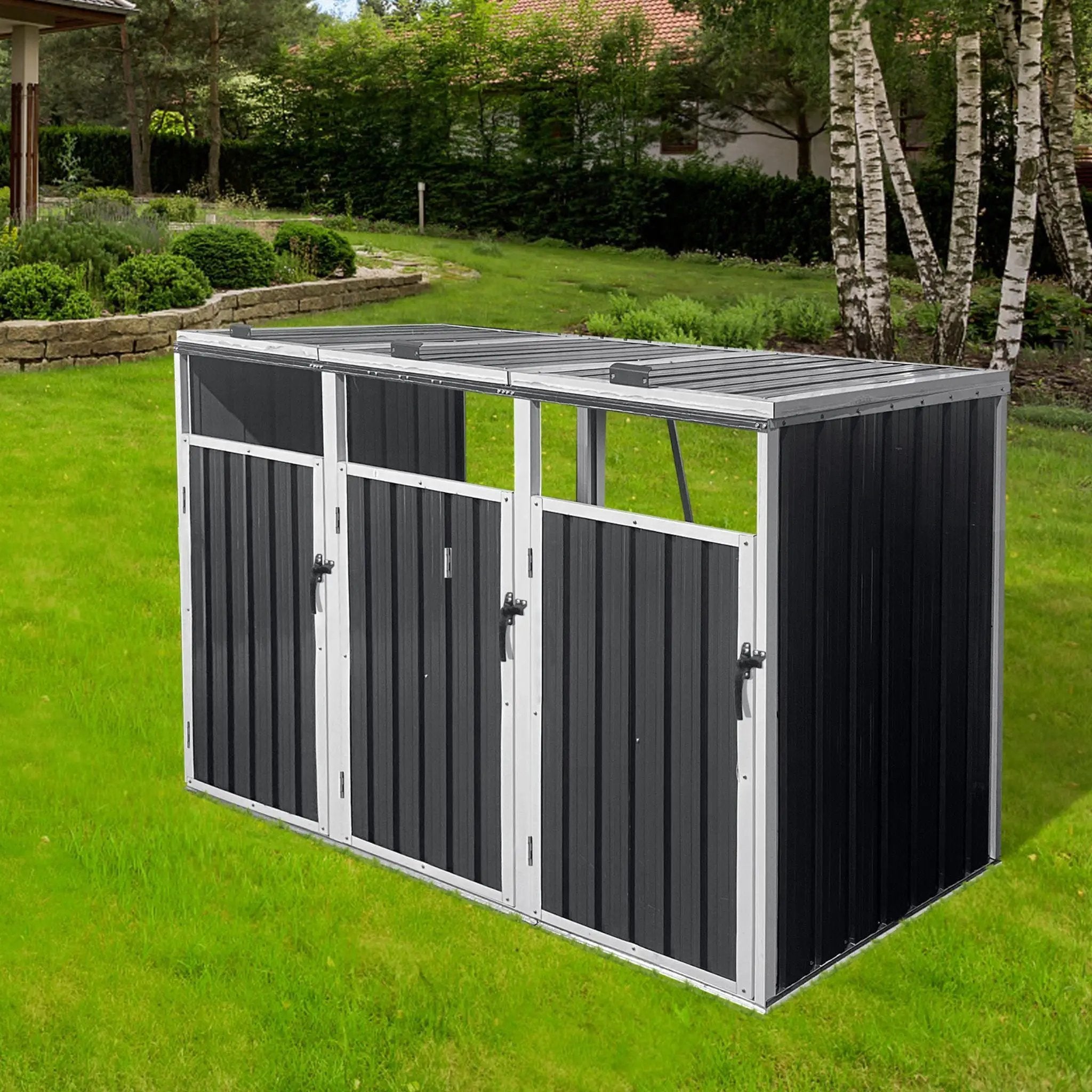 87-Inch Extra Large Heavy-Duty Outdoor Metal Garbage Bin Shed For 3 Trash Cans (SAK34981) by SAKSBY WHOLESALE