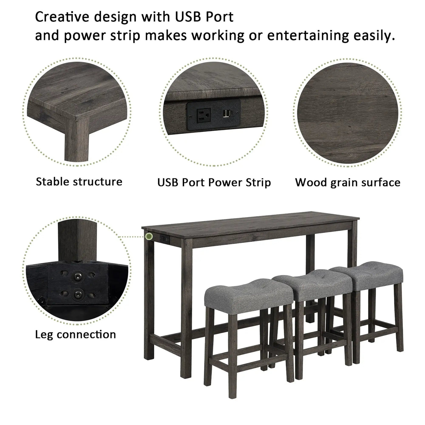 4 Piece Bar Table Set With Power Outlet, 3 Padded Stools by HouseOfZazla