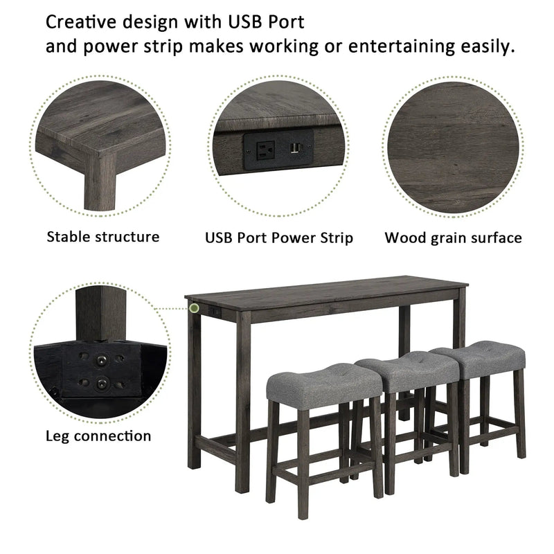 4 Piece Bar Table Set With Power Outlet, 3 Padded Stools by HouseOfZazla