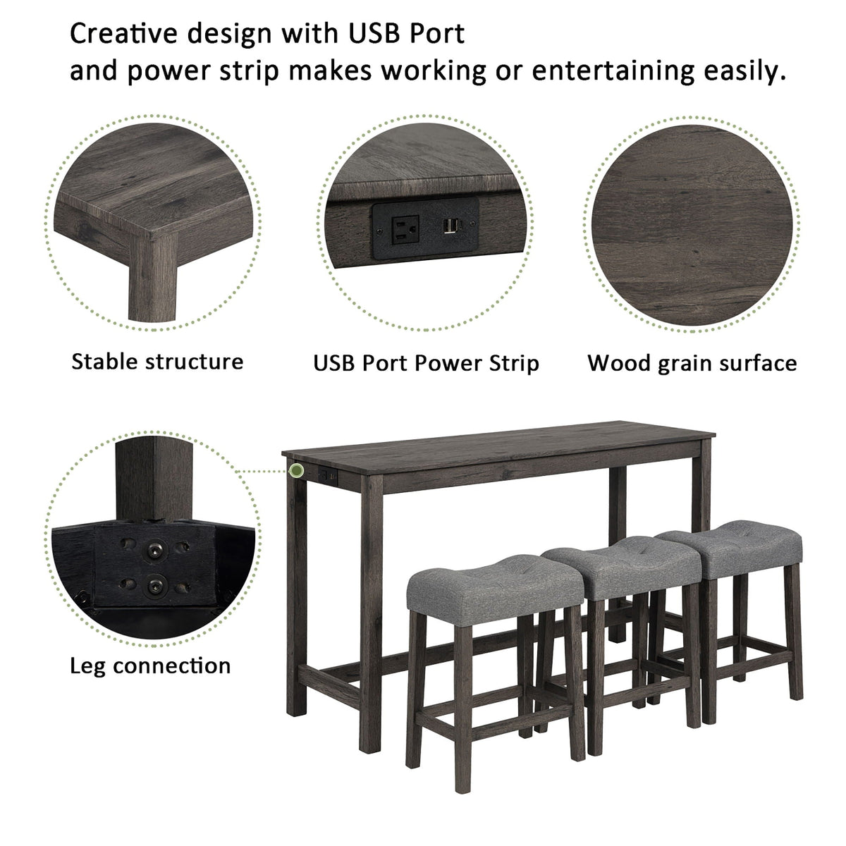 4 Piece Bar Table Set with Power Outlet and 3 Padded Stools - Light Brown or Dark Gray, photo 4 of 10