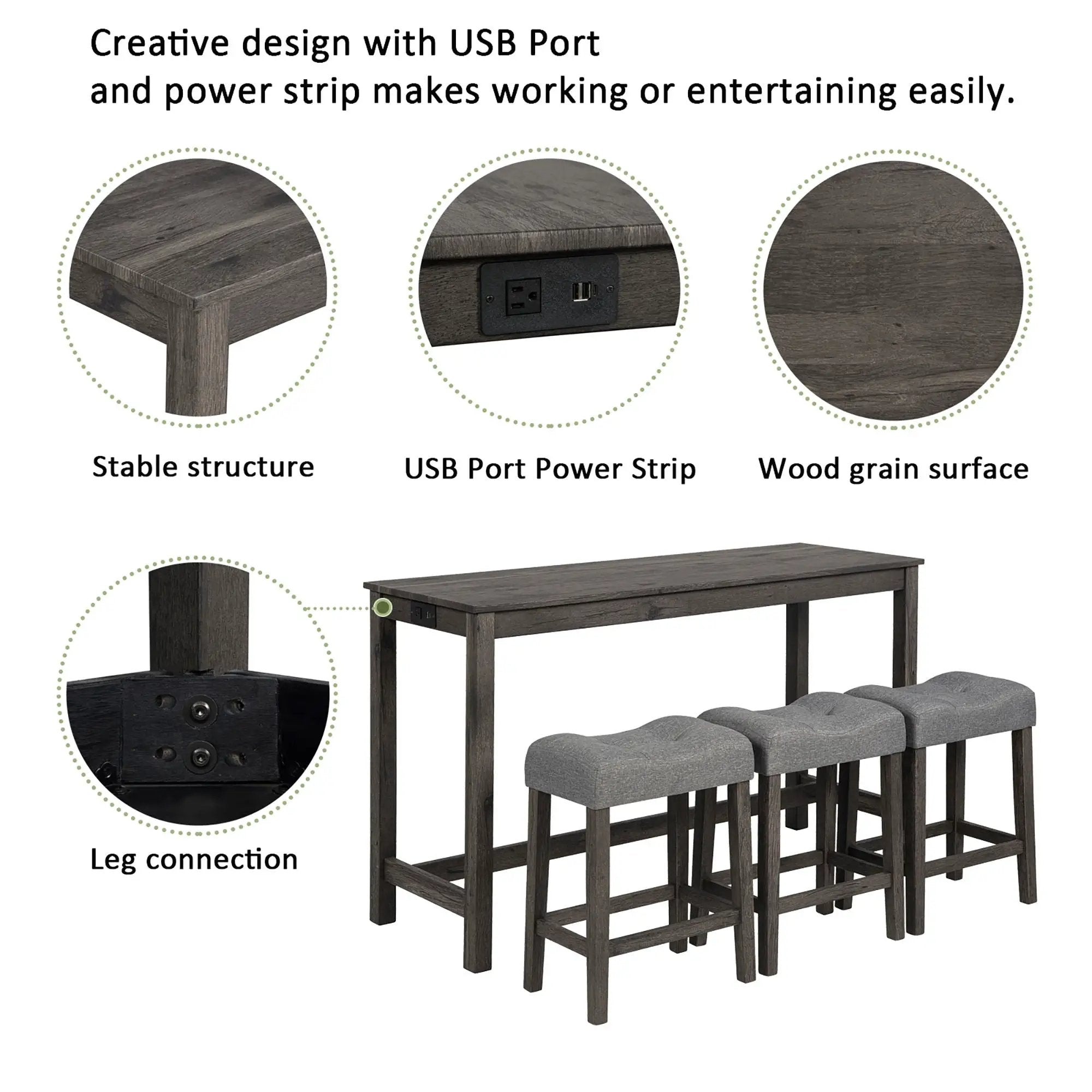 4 Piece Bar Table Set With Power Outlet, 3 Padded Stools by Unique Piece Furniture
