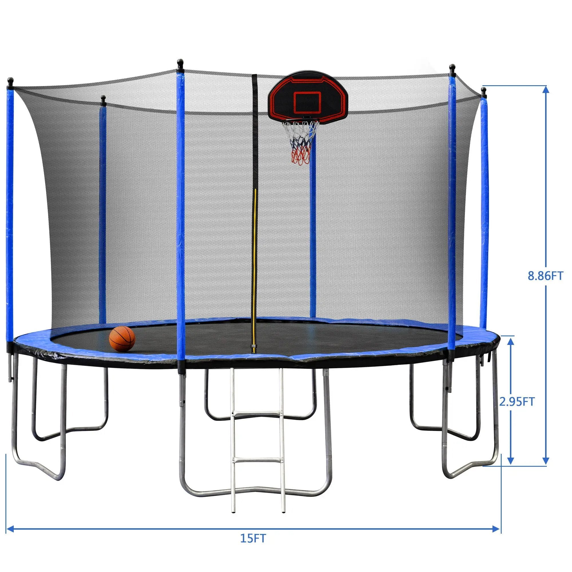 15Ft Trampoline With Basketball Hoop Inflator And Ladder (Inner Safety Enclosure) by HouseOfZazla
