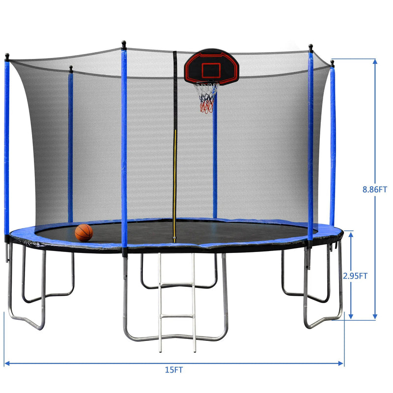 15Ft Trampoline With Basketball Hoop Inflator And Ladder (Inner Safety Enclosure) by HouseOfZazla