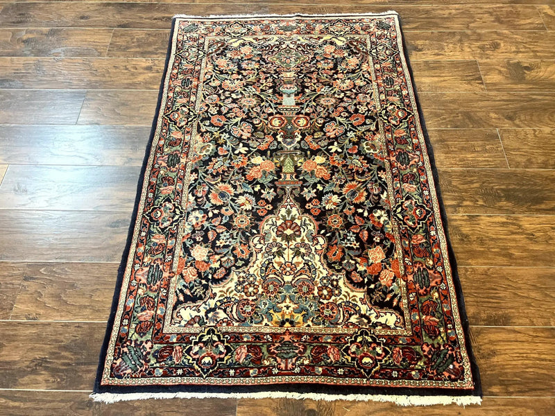 Persian Saoruk Rug 4x5, Navy Blue and Red, Floral, Antique Persian Wool Carpet, Handmade by Jewel Rugs