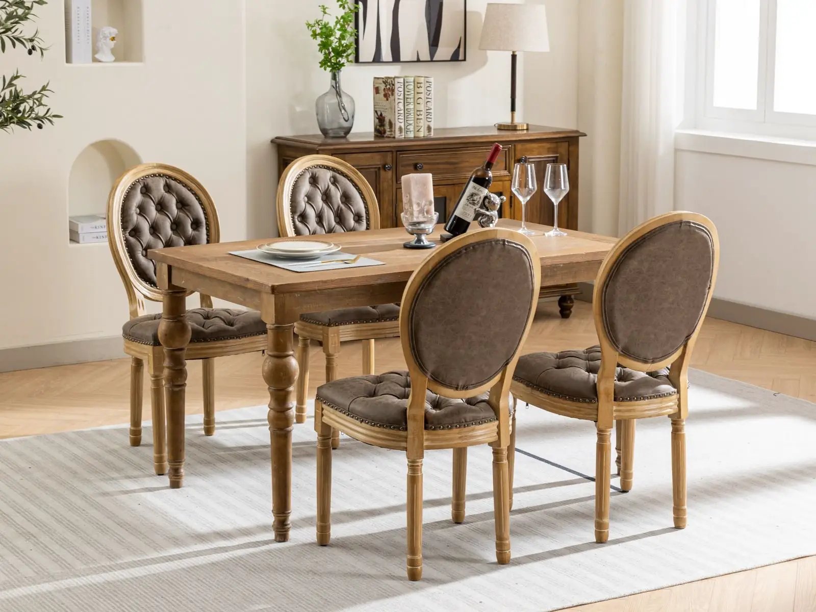 French Style Solid Wood Frame Antique Painting, Hand-Pulled Buckle Decoration Artificial Dining Chair With Nailhead Trim, Wood Legs by HouseOfZazla