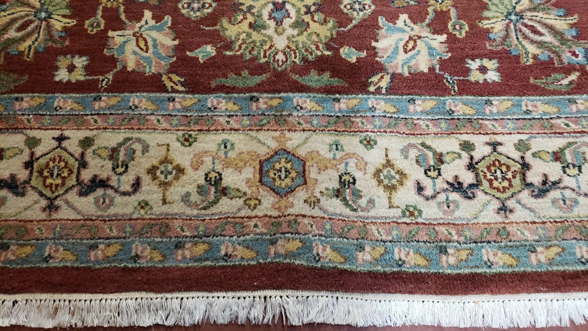 8x12 Indo-Mahal Rug, Floral Allover, Red & Beige, Wool Vintage Handmade Traditional Carpet by Jewel Rugs