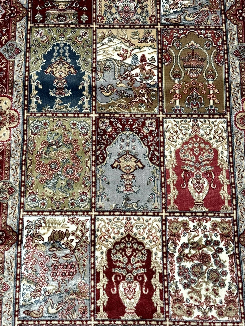 Turkish Silk Runner Rug 2.6 x 11.6, Panel Design, Dark Red Ivory, Bamboo Silk, New by Jewel Rugs