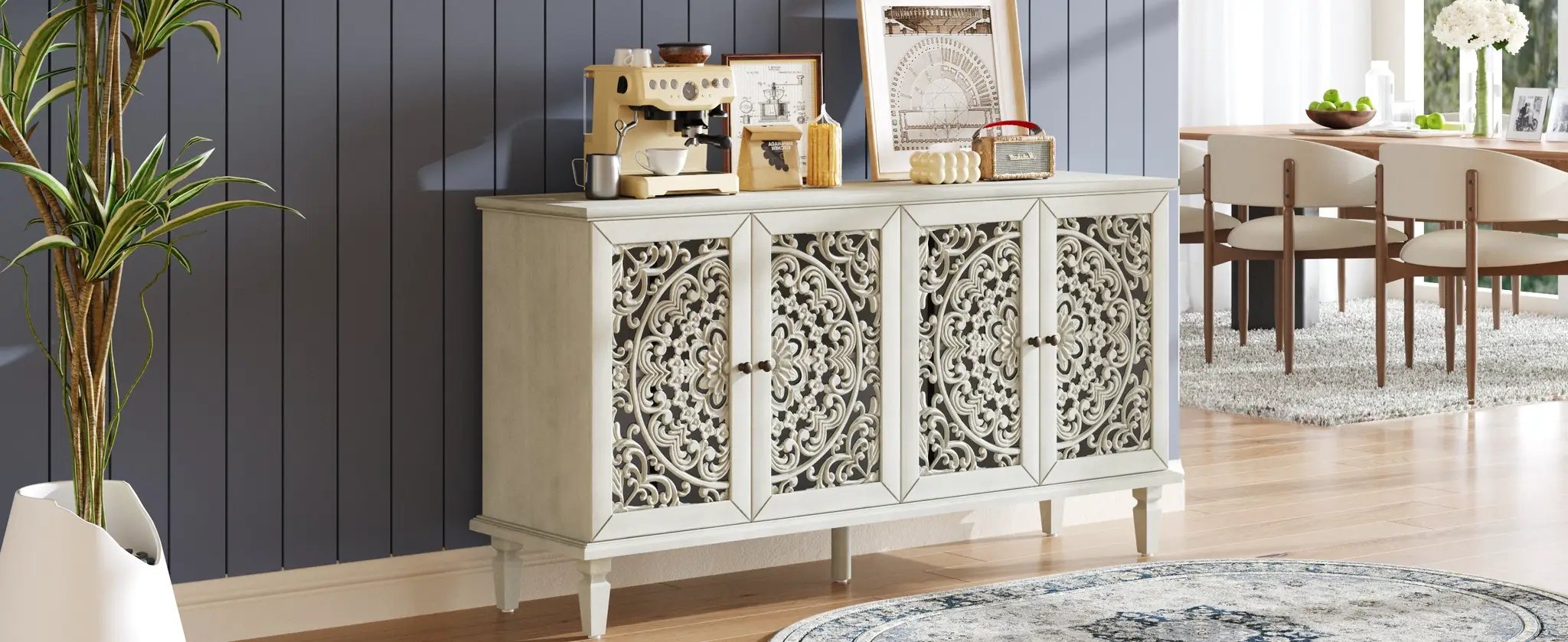 60" Antique Buffet Cabinet with Floral Carvings and Solid Wood Legs by HouseOfZazla